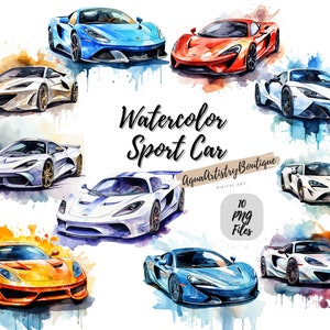 Aquarell Sportwagen | Digitaler Download | Wandkunst | Aquarell Clipart | Sportwagen PNG | Einladung Clipart | Auto Bundle Clipart