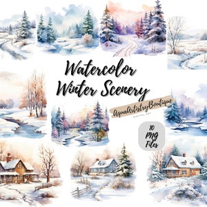 Cenário de inverno em aquarela | Download digital | Arte de parede |Clipart aquarela | Cenário De Inverno PNG | Clipart de convite | Clipart de pacote de inverno