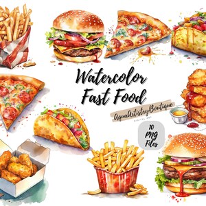 Acquerello Fast Food / Download digitale / Wall Art / Clipart acquerello / Fast Food PNG / Clipart invito / Clipart pacchetto cibo