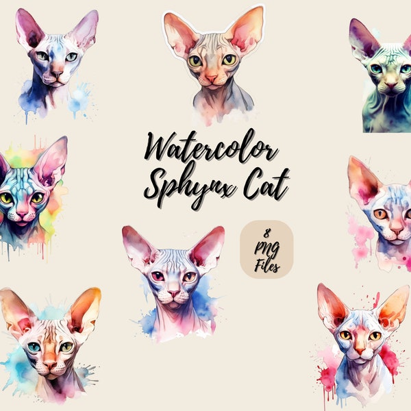 Watercolor Sphynx Cat | Digital Download | Wall Art | Watercolor Clipart | Cat PNG | Invitation Clipart | Cat Bundle Clipart