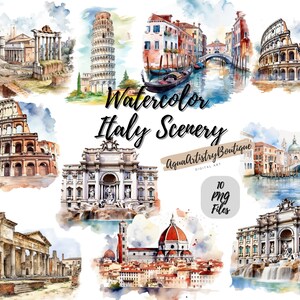 Aquarel Italië landschap | Digitale download | Muurkunst | Aquarel clipart | Italië, png-bestand | Uitnodigingsclipart | Landenbundel Clipart