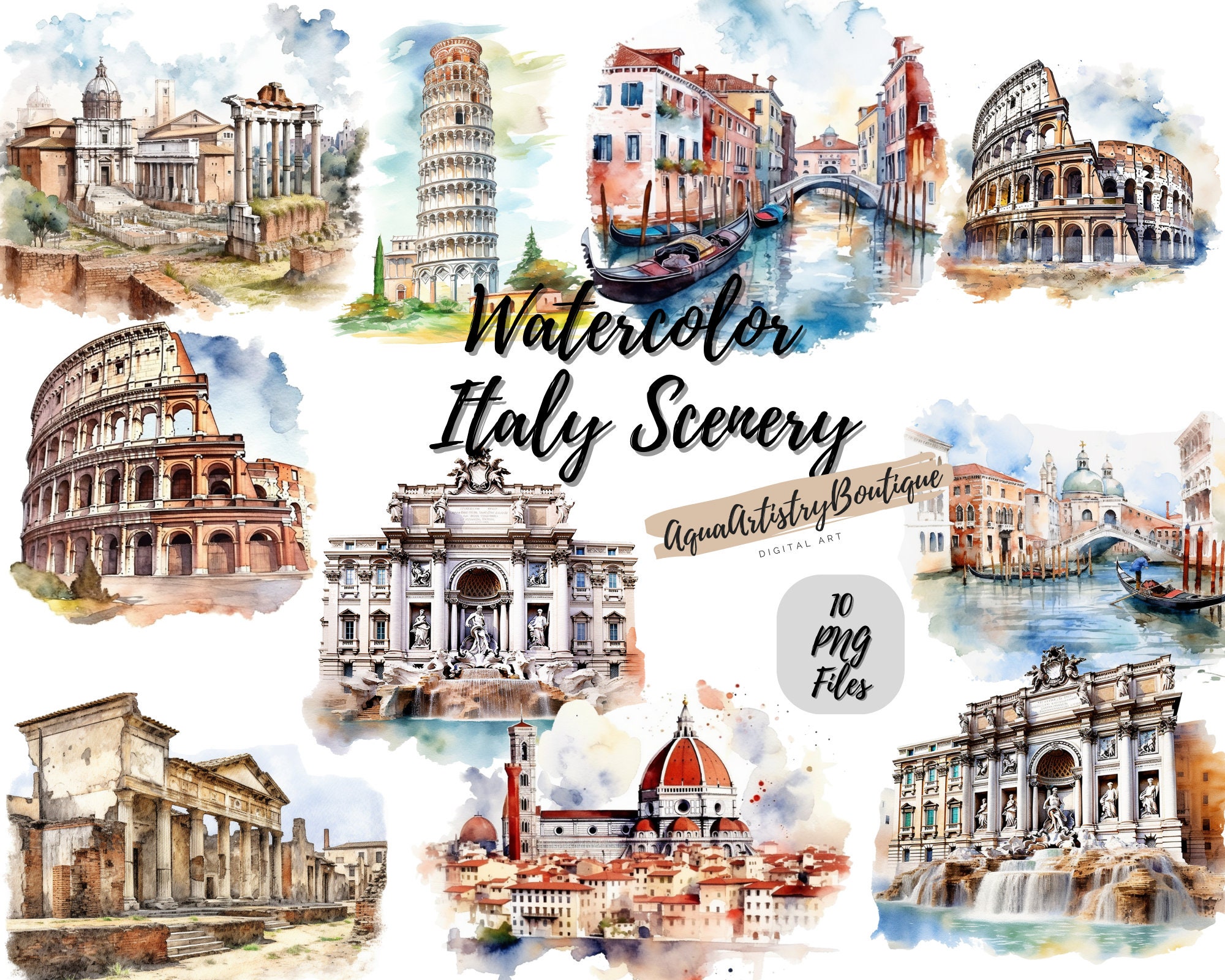 Watercolor Italy Scenery | Digital Download | Wall Art | Watercolor Clipart | Italy PNG | Invitation Clipart | Country Bundle Clipart