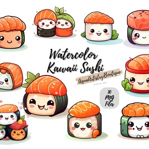 Acquerello Kawaii Sushi / Download digitale / Arte della parete / Clipart acquerello / Kawaii Sushi PNG / Clipart invito / Clipart pacchetto Sushi