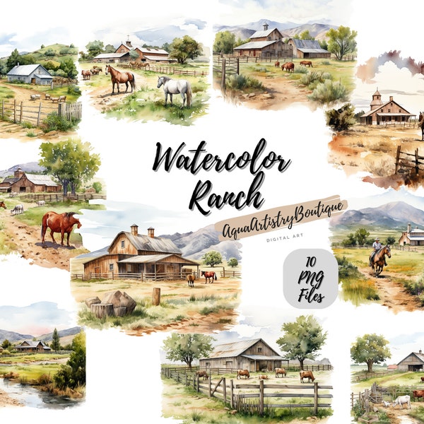 Watercolor Ranch Landscape | Digital Download | Wall Art | Watercolor Clipart | Landscape PNG | Invitation Clipart | Ranch Bundle Clipart