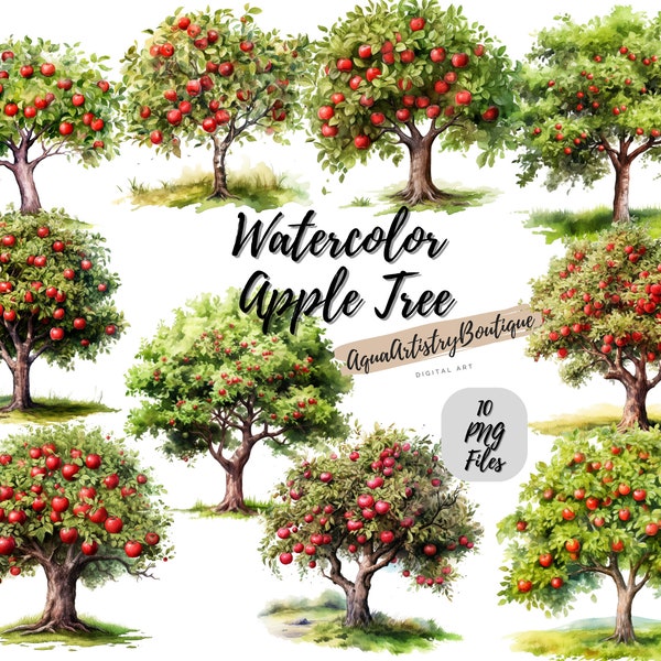 Watercolor Apple Tree | Digital Download | Wall Art | Watercolor Clipart | Apple Tree PNG | Invitation Clipart | Tree Bundle Clipart