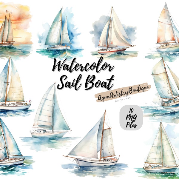 Watercolor Sail Boat | Digital Download | Wall Art | Watercolor Clipart | Sail Boat PNG | Invitation Clipart | Boat Bundle Clipart