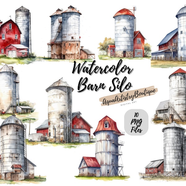 Watercolor Barn Silo | Digital Download | Wall Art | Watercolor Clipart | Barn Silo PNG | Invitation Clipart | Farm Bundle Clipart