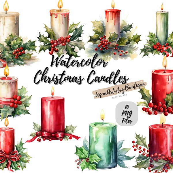 Watercolor Christmas Candle | Digital Download | Wall Art | Watercolor Clipart | Candle PNG | Invitation Clipart | Christmas Bundle Clipart