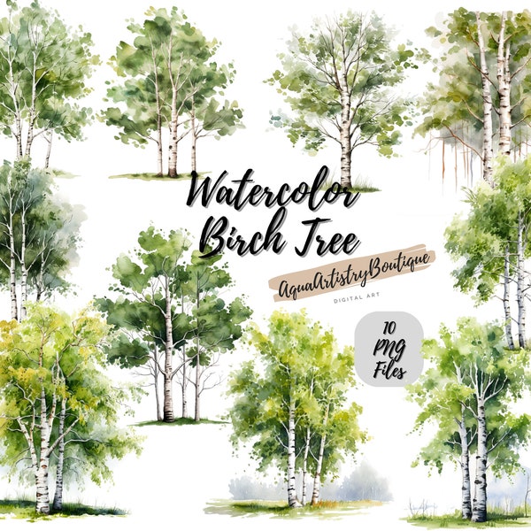 Watercolor Birch Tree | Digital Download | Wall Art | Watercolor Clipart | Birch Tree PNG | Invitation Clipart | Tree Bundle Clipart