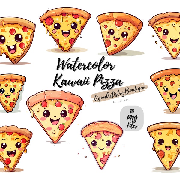 Watercolor Kawaii Pizza | Digital Download | Wall Art | Watercolor Clipart | Kawaii Pizza PNG | Invitation Clipart | Pizza Bundle Clipart