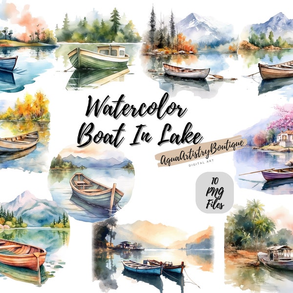 Bateau d'aquarelle dans le lac | Téléchargement numérique | Art mural | Clipart aquarelle | Bateau PNG | Clipart invitation | Bateaux Clipart