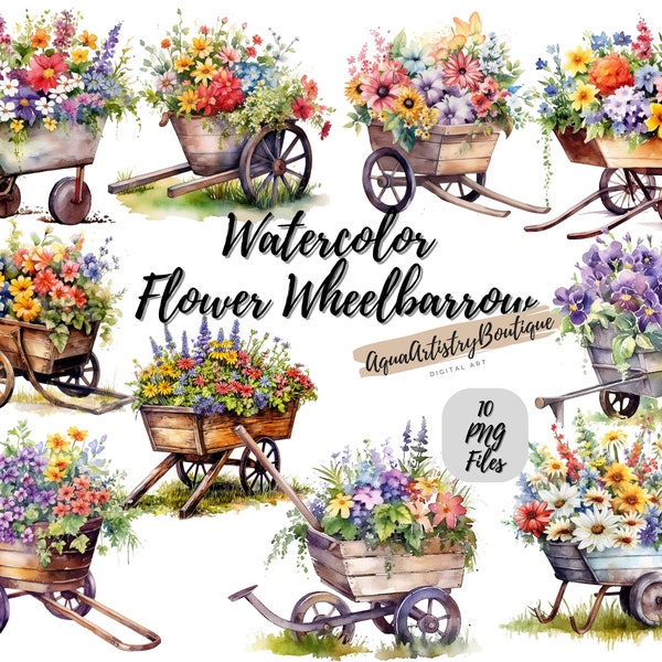 Watercolor Floral Wheelbarrow | Digital Download | Wall Art | Watercolor Clipart | Flower PNG | Invitation Clipart | Floral Bundle Clipart