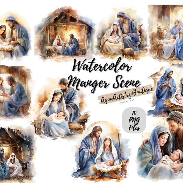 Watercolor Manger Scene | Digital Download | Nativity Scene Clipart | Watercolor Clipart | Invitation Clipart | Religion Bundle Clipart