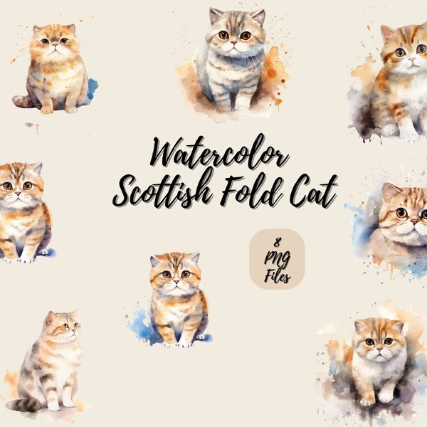 Watercolor Scottish Fold Cat | Digital Download | Wall Art | Watercolor Clipart | Cat PNG | Invitation Clipart | Cat Bundle Clipart