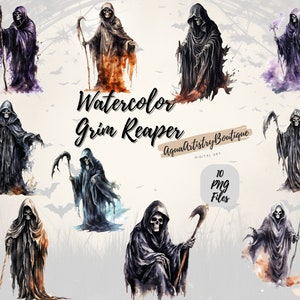 Faucheuse d'Halloween à l'aquarelle | Téléchargement numérique | Clipart aquarelle | SVG Halloween | La Faucheuse aquarelle | Lot de cliparts Halloween