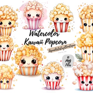 Pipoca Kawaii aquarela | Download digital | Arte de parede | Clipart aquarela | Pipoca PNG | Clipart de convite | Pacote de pipoca Clipart
