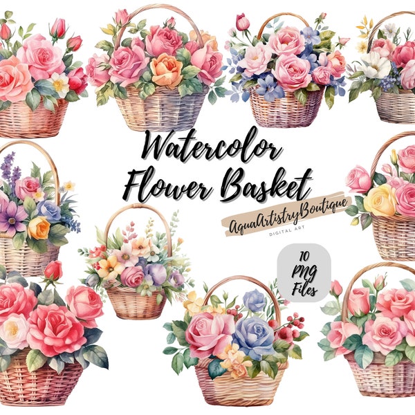 Watercolor Flower Basket | Digital Download | Wall Art | Watercolor Clipart | Floral Basket PNG | Invitation Clipart | Flower Bundle Clipart