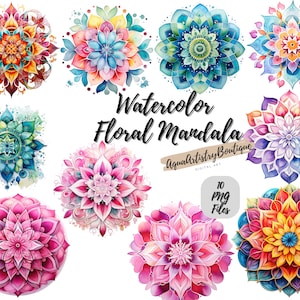 Mandala floreale acquerello / Download digitale / Arte della parete / Clipart acquerello / Mandala PNG / Clipart invito / Clipart pacchetto Mandala