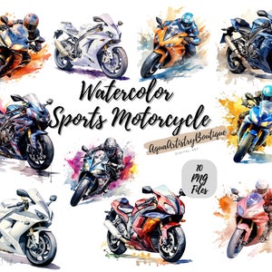 Aquarel sportmotorfiets | Digitale download | Muurkunst | Aquarel clipart | Motorfiets, png-bestand | Uitnodigingsclipart | Fietsbundel Clipart