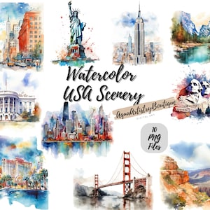 Aquarel VS-landschap | Digitale download | Muurkunst | Aquarel clipart | PNG-bestand voor de VS | Uitnodigingsclipart | Landenbundel Clipart