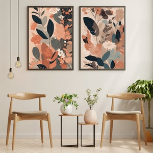Two Boho flower arts, pink flower interior decoration, minimalist, digital download, wall art, Modern paintings wall images