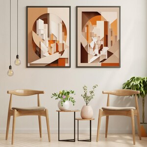 Ciudad abstracta cuadro arte moderna decoración de interiores, linea blanco naranja, minimalista, descarga digital, wall art generada por IA