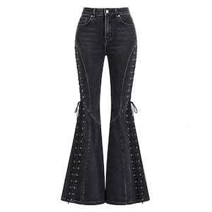 Gothic Lace Up Flare Jeans Women, Black High Waist Bell Bottom Denim Pants, Y2K Grunge Halloween Witch Outfit