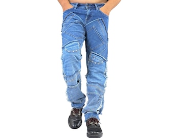 Pantalones cargo góticos azules reciclados hechos a mano: pantalones steampunk de patchwork oscuro, vaqueros multibolsillos reciclados