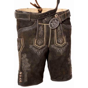 Authentic Brown Suede Leather Lederhosen Shorts with Suspenders – Traditional German Bavarian Oktoberfest Costume Outfit for Festival Wear