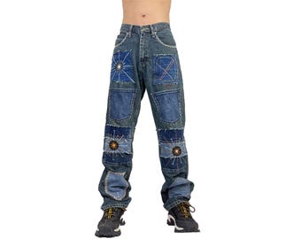 Handmade Patchwork Embroidered Jeans: Upcycled Denim Boho Pants Multi Pocket Trouser