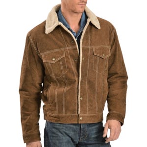 Men's Brown Suede Leather Trucker Jacket with Shearling Fur Collar & Cuffs | Handmade Vintage Western Winter Coat | 100% Genuine Leather
