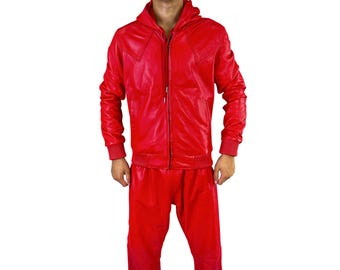 Rot Echtes Schaffell Leder Trainingsanzug Set: Slim Fit Hoodie und Jogger