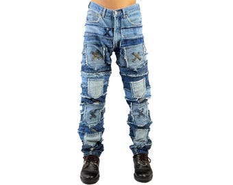 Handmade Upcycled Denim Patchwork Pants: Distressed Boho Jeans Y2K Jeans Multi Pocket trouser