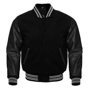 Men&#39;s Black Sheepskin Leather Varsity Bomber Jacket – Retro Letterman Style Button Jacket for Streetwear, Hip Hop, Costume or Custom Look