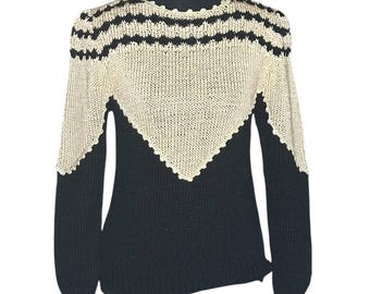 Nannell Hand Knit Sweater Womens Medium Black Cream Crochet Trim Vintage 80s