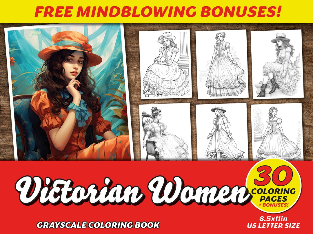Victorian Women Coloring Book Pages, Printable Art, Fantasy Grayscale ...