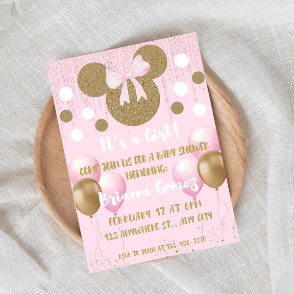 Minnie Mouse Pink and Gold Glitter Girl Baby Shower/Birthday Invitation Editable