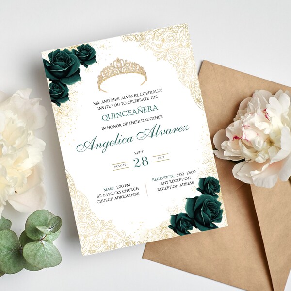 Dark Green/ Emerald Green and Gold Quinceañera Invitation with Tiara and Roses