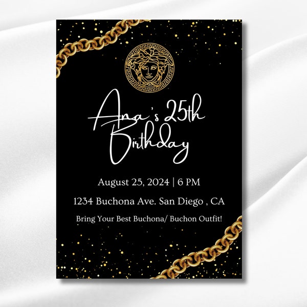 Black and Gold Buchona Birthday Party Invitation, Buchona Party Invite, Buchon Invitation, Invitacion Elegante Cumpleaños, Elegant Birthday