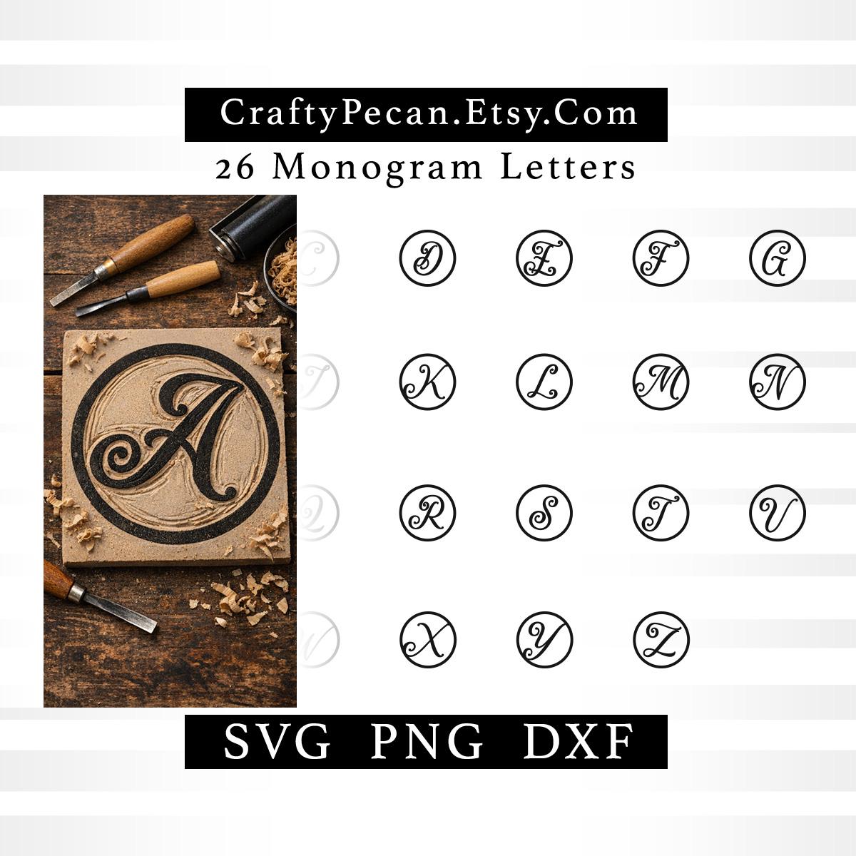 Linocut Circle Monogram Fancy Stamp Alphabet Letters Svg Png Dxf ...