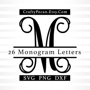 May include: Black and white monogram letter M with decorative swirls. The letter is split in half with a horizontal line and the text "26 Monogram Letters" above the line. The text "SVG PNG DXF" is below the line. The text "CraftyPecan.Etsy.Com" is at the top of the image.