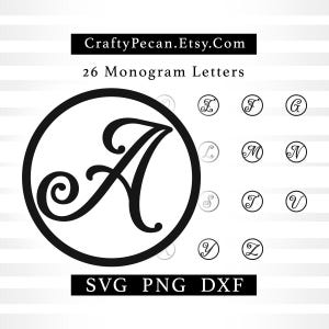 May include: Black and white graphic featuring a large letter "A" inside a circle, with additional monogram letters. The image includes the text "CraftyPecan.Etsy.Com", "26 Monogram Letters", and "SVG PNG DXF".