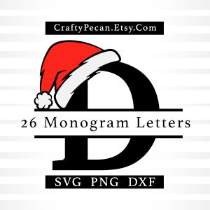 Letras del alfabeto navideño con monograma de gorro de Papá Noel Archivos SVG, SVG de Navidad, SVG de monograma dividido, DXF, Monograma navideño imprimible