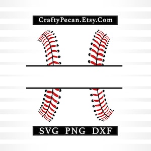 May include: A baseball design with red stitching and the text "CraftyPecan.Etsy.Com" at the top and "SVG PNG DXF" at the bottom. The design features four sections of red stitching.