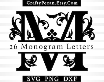 May include: Black and white monogram letter M with ornate floral designs. The letter is split in half with a horizontal line that reads "26 Monogram Letters". Below the letter is the text "SVG PNG DXF".