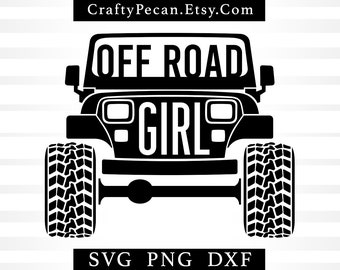May include: Black and white silhouette of a Jeep with the words "Off Road Girl" on the windshield.