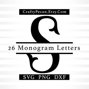 May include: Black and white monogram letter S with a decorative flourish. The letter is split in half with a horizontal line and the text "26 Monogram Letters" above the line. The text "SVG PNG DXF" is below the letter.