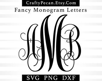 May include: Black and white monogram letters in a fancy script font. The letters are "JMB". The text "CraftyPecan.Etsy.Com" and "Fancy Monogram Letters" are at the top of the image. The text "SVG PNG DXF" is at the bottom of the image.