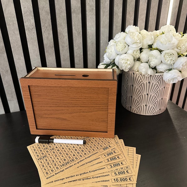 Wooden savings box (reusable: 500/1000/2000/3000/5000/10000/ 2x Blanco Euro)|Piggy bank & savings challenge in one|Sustainable money box