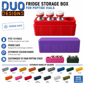 May include: A rectangular fridge storage box for peptide vials, available in various colours. The box features labelled slots for vials, including text like TB500, BPC157, GHK-CU, ARA290, and PEP1 through PEP5. The design is fridge safe and holds multiple vials.